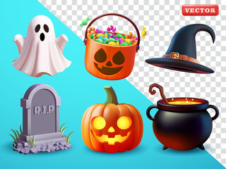 Ghost, grave, pumpkin, witch and Halloween candy bucket, 3d vector. Suitable for design elements