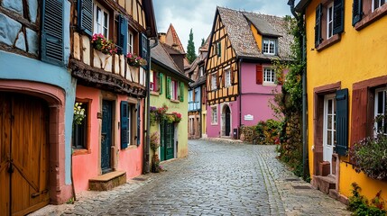 Wall Mural - Charming Cobblestone Street in a Quaint European Village with Colorful Historic Architecture