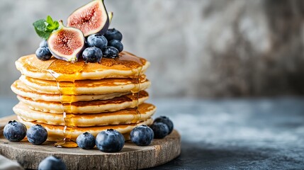 A stack of golden brown pancakes drizzled with maple syrup and topped with fresh figs and blueberries.