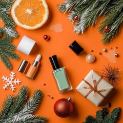 As part of beauty brand's Christmas sale promotion, vintage orange flatlay background with cosmetics and make-up products on it