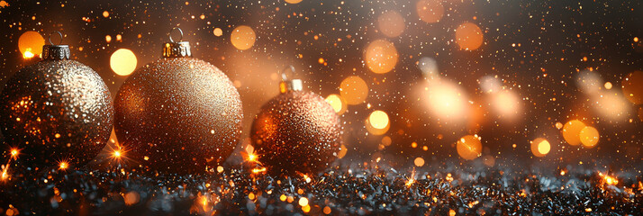 Wall Mural - Shiny gold Christmas ornaments with warm bokeh lights.