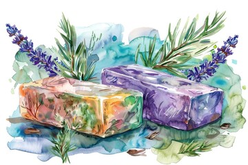 Wall Mural - Organic Herbal Soap. Handmade Watercolor Illustration for Spa Wellness