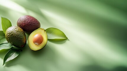 Two whole avocados and one sliced avocado with leaves on a green background.