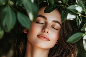 This is a picture of a beautiful fashion model enjoying nature, breathing in fresh air in a summer garden over the background of green leaves. Healthy beauty woman in an outdoor setting.