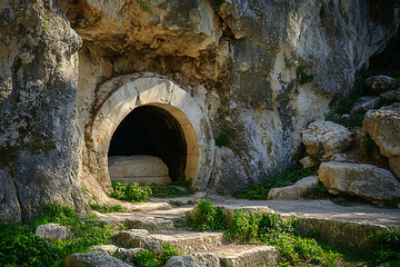 A stone cave featuring a round entrance and a large, round stone door, reminiscent of ancient burial sites or biblical tombs