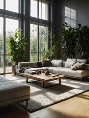 Wall Mural - Spacious modern living room blending plants and sunlight.