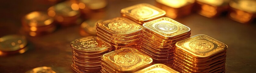 Poster - Shiny golden bars stacked elegantly, showcasing wealth and luxury, ideal for finance and investment themes.