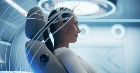 Aufkleber - Futuristic laboratory: Female Patient Wearing Headset for an Advanced Brain Scan Using Neural Connection Technology. High-Tech Cognitive Enhancement Facility. Sci-fi Concept. Portrait Arc Shot