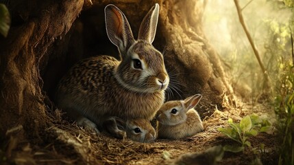 Wall Mural - Mother Rabbit and Her Two Kits in a Forest Burrow