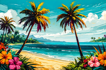 Wall Mural - A vibrant, abstract tropical landscape with tall palm trees, bright flowers, and a turquoise sea minimalist vector art illustration images.
