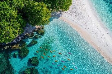 an aerial view of a sandy beach and clear blue water