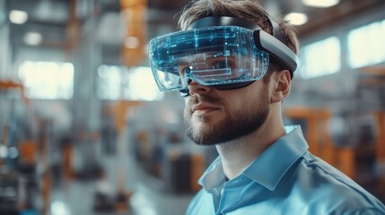 Poster - An engineer wearing an augmented reality headset focuses on high-tech designs in a contemporary manufacturing facility filled with advanced machinery and tools
