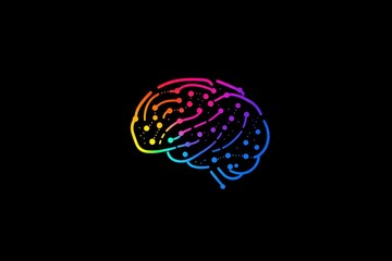 Poster - A logo of an abstract brain made from colorful lines and dots, simple shapes, on a black background Generative AI