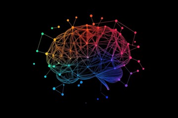 Poster - Logo of an abstract brain made up of colorful lines and dots, art on a black background Generative AI