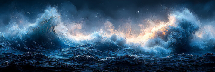 Powerful waves crash against the dark sky in a dramatic display of nature's force.