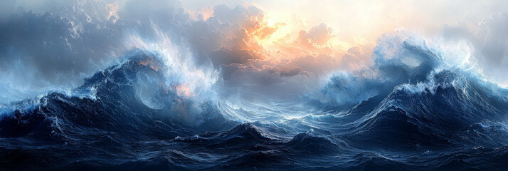 A dramatic seascape with huge waves crashing under a stormy sky, illuminated by a warm sunset.