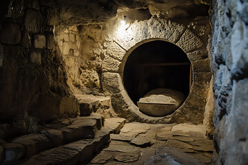 A stone cave featuring a round entrance and a large, round stone door, reminiscent of ancient burial sites or biblical tombs