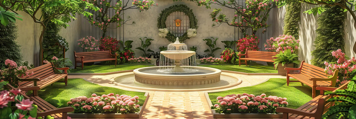 Wall Mural - Serene Garden Sanctuary: A beautifully landscaped garden, complete with a fountain, benches, and blooming flowers.