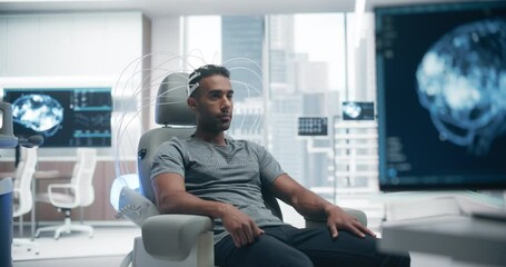 Aufkleber - Futuristic Laboratory: Male Patient Wearing Headset for a High-tech Brain Scan Using Advanced Neural Technology, Focusing on Cognitive Enhancement and Neural Disease Research. Virtual Reality concept