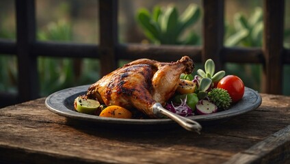 Wall Mural - Succulent grilled chicken leg beautifully presented on a rustic wooden surface.