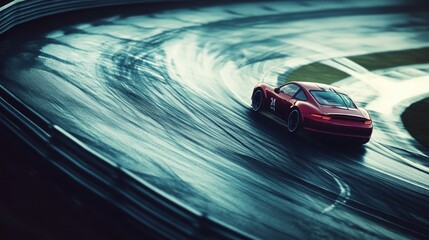 Wall Mural - Red Sports Car Taking a Turn on a Wet Track