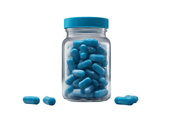 Blue pills in clear jar isolated on transparent background background