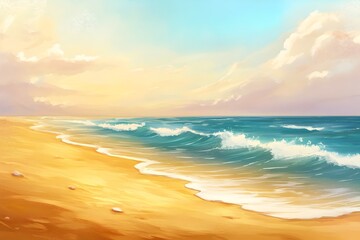 Wall Mural - Tranquil Beach Scene with Golden Sand and Gentle Waves Warm Sunset Sky Provides Ample Space for Branding