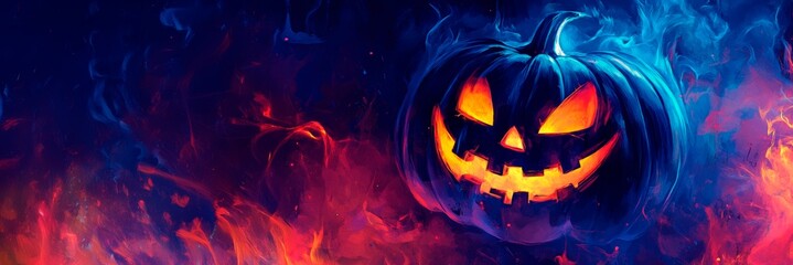 Wall Mural - abstract halloween background with pumpkins in the dark night with glowing light particles banner de