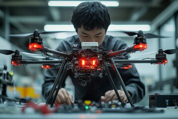 A Japanese engineer calibrating an AI-powered drone in a high-tech workshop, with tools and equipment laid out nearby.