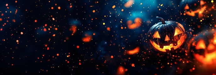 Wall Mural - abstract halloween background with pumpkins in the dark night with glowing light particles banner de