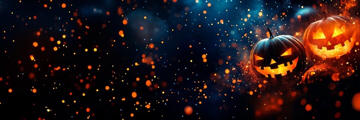 Wall Mural - abstract halloween background with pumpkins in the dark night with glowing light particles banner de