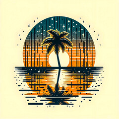 Wall Mural - A scene with a palm tree silhouetted against a vintage sunset, with rain falling lightly minimalist vector art illustration images on a white background.
