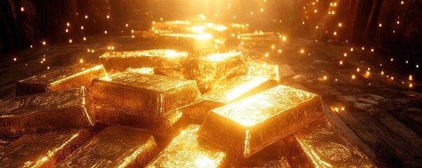 Poster - A stunning collection of shiny gold bars illuminated by warm light, exuding luxury and wealth in a mystical atmosphere.