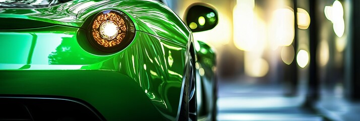 A sleek and polished green sports car captured under ambient lighting, highlighting its modern and smooth design elements.