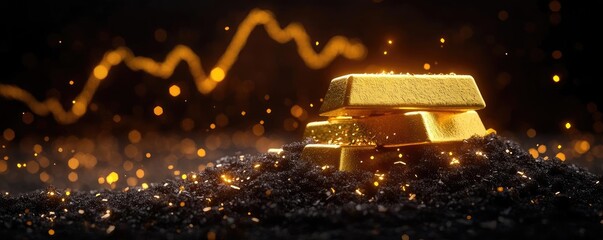 Poster - Glistening gold bars resting on dark glitter, representing wealth and investment opportunities in a dynamic financial backdrop.