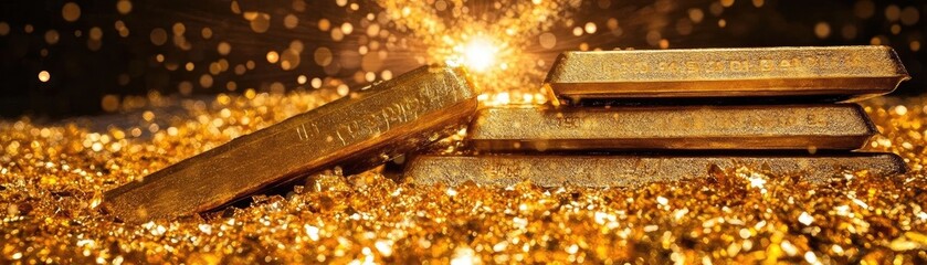 Poster - Stunning gold bars with sparkling lights on a bed of shimmering gold dust, symbolizing wealth and luxury.