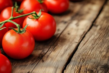 Fresh, ripe tomatoes on a rustic wooden surface, still attached to the vine, radiating garden freshness and flavor.