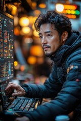 A Japanese entrepreneur using AI to forecast market trends on a desktop monitor, adjusting parameters with a keyboard and mouse.