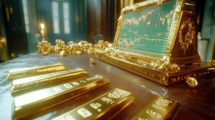 Poster - Elegant close-up of golden bars and a vintage display, symbolizing wealth, investment, and financial growth in a luxurious setting.