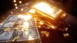 © Tin - Shiny gold bars stacked beside dollar bills, representing wealth and abundance in a glowing financial setting.