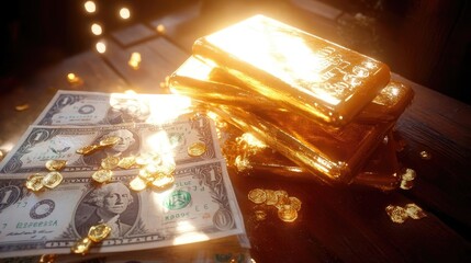 Poster - Shiny gold bars stacked beside dollar bills, representing wealth and abundance in a glowing financial setting.