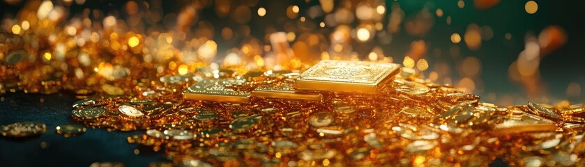 Aufkleber - A dazzling display of golden coins and bars, shining brightly against a dark backdrop, evoking a sense of wealth and luxury.