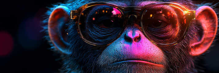 Wall Mural - A close-up portrait of a monkey wearing sunglasses with a cool, confident expression.