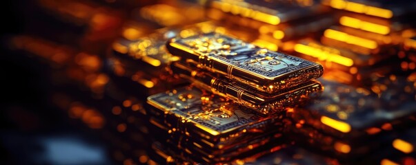Poster - Close-up of shimmering gold bars stacked together, reflecting light and showcasing intricate details of luxury and wealth.