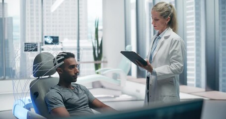 Aufkleber - High-Tech Neuroscience Facility: Male Patient Wearing Headset gets Brain Mapping With NSMS. Scan Targets Personalized Learning Pathways, Memory Extraction Capabilities. Research To Optimize Cognition