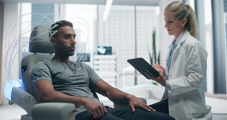 Aufkleber - Futuristic Laboratory: Male Patient Wearing NSMS Headset For Advanced Brain Scan. Focus On IQ Enhancement And Cognitive Augmentation. Medical Research that Treats and Cures Cognitive Conditions.