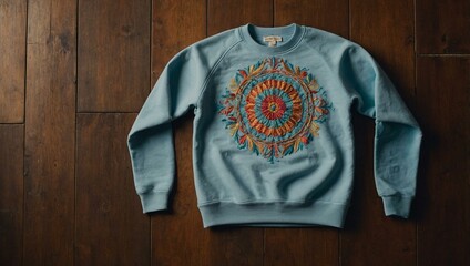 Canvas Print - Sweatshirt with custom embroidery, showcasing unique patterns and vibrant colors, seen from above on a wooden floor.