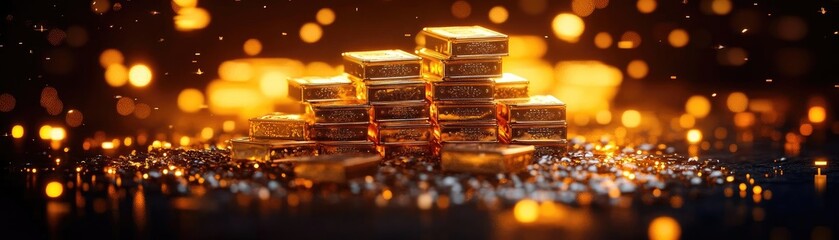 Aufkleber - Shiny gold bars stacked elegantly with a sparkling bokeh background, symbolizing wealth and luxury in a vibrant setting.