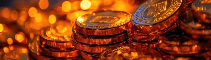 Poster - A close-up view of shiny gold coins stacked together, creating an inviting and luxurious ambiance with warm bokeh lights.