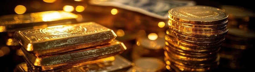 Poster - Shiny gold bars and coins stacked together, reflecting light against a backdrop of warm, glowing bokeh for a luxurious feel.